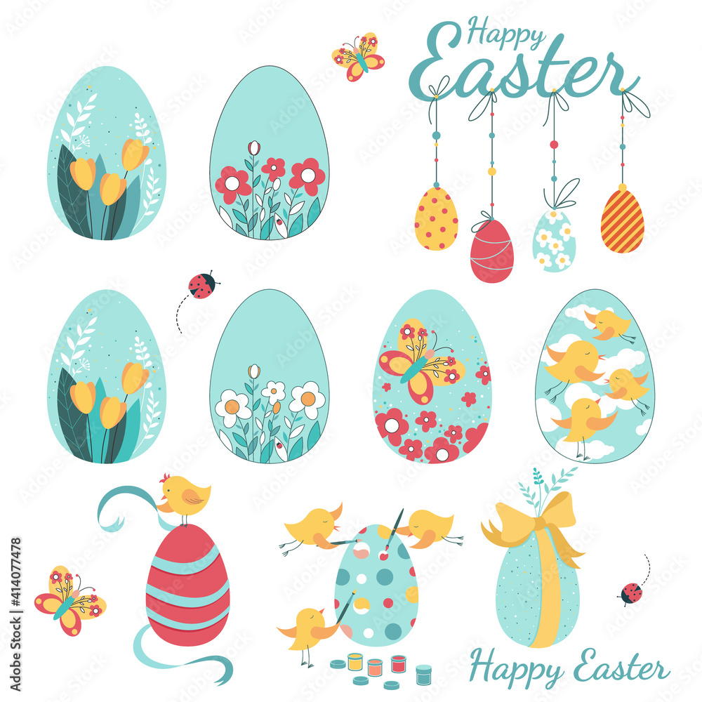 Easter eggs with flowers, birds and butterfly on a white background. Happy Easter. Holiday design collection for banner, invitation, poster.