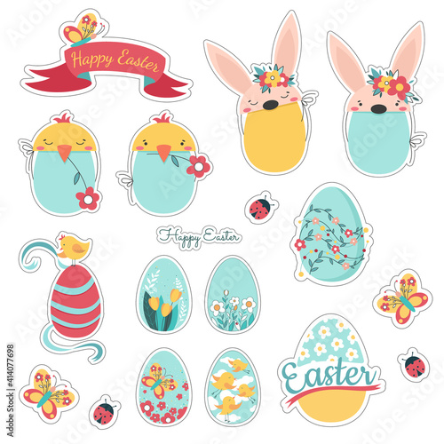 Happy easter sticker set. Easter eggs with rabbit and chicken with flowers on a white background. Red ribbon. Spring holiday. 