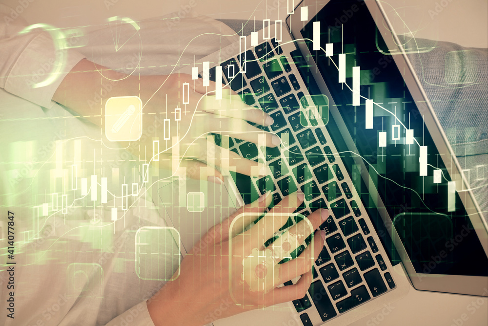 Double exposure of woman hands working on computer and forex chart hologram drawing. Top View. Financial analysis concept. Double exposure of woman hands working on computer and forex chart hologram drawing. Top View. Financial analysis concept.