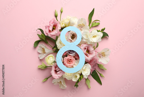 8 March greeting card design with beautiful flowers on pink background, flat lay. International Women's day