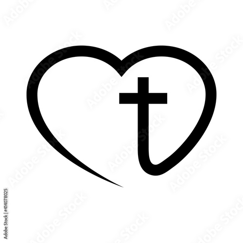 Amor cristiano. Logotipo con cruz en corazón con lineas en color negro