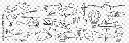 Various air vehicles during flight doodle set. Collection of hand drawn planes helicopters air balloons kites airplanes flying saucer parachute isolated on transparent background