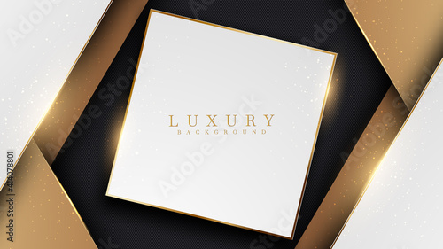 Luxury background with golden line abstract shapes , White overlapping brown and black shades, Vector illustration.