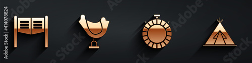 Set Saloon door, Wild west saddle, Canteen water bottle and Indian teepee or wigwam icon with long shadow. Vector.
