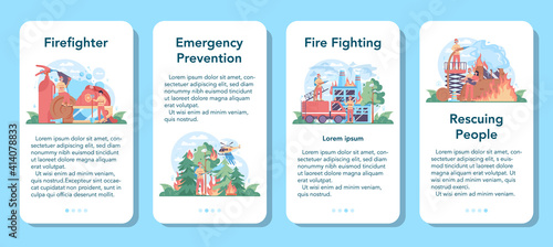 Fireman mobile application banner set. Professional fire brigade firhting