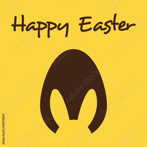 Logotipo con texto manuscrito Happy Easter con silueta de orejas de conejo en huevo de pascua en afiche de color amarillo