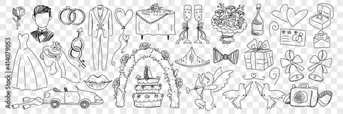 Wedding marriage accessories doodle set. Collection of hand drawn rings costumes angels cake wedding car champagne and festive attributes for celebrating wedding isolated on transparent background