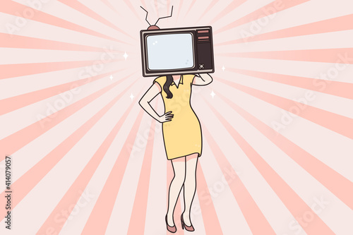 Propaganda on tv, television brainwashing, mass media manipulation concept. Addicted woman in dress having old television with screen instead of head feeling propaganda control vector illustration 