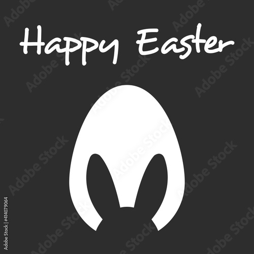 Logotipo con texto manuscrito Happy Easter con silueta de orejas de conejo en huevo de pascua en afiche de color gris