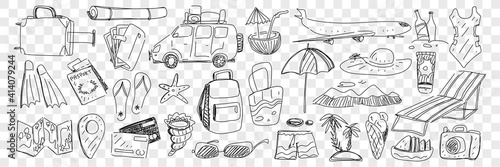 Travel and tourism attributes doodle set. Collection of hand drawn plane backpack suitcase beachwear cocktail sunglasses map umbrellas credit card camera for enjoying travels on transparent background