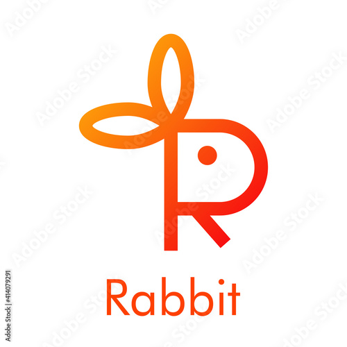 Logotipo con letra R con forma de conejo con lineas en color naranja