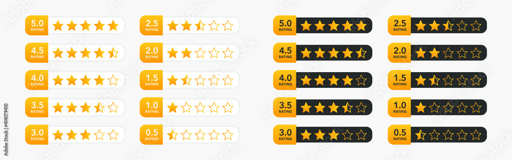 Five stars customer rating icons. Set of white and black badges for ...