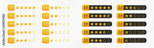 Five stars customer rating icons. Set of white and black badges for website and apps. 5 golden rating star on dark background.