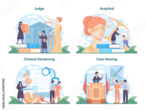 Judge concept set. Court worker stand for justice and law. Judge