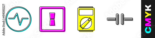 Set Electric circuit scheme, Electric light switch, Multimeter and Electric circuit scheme icon. Vector.