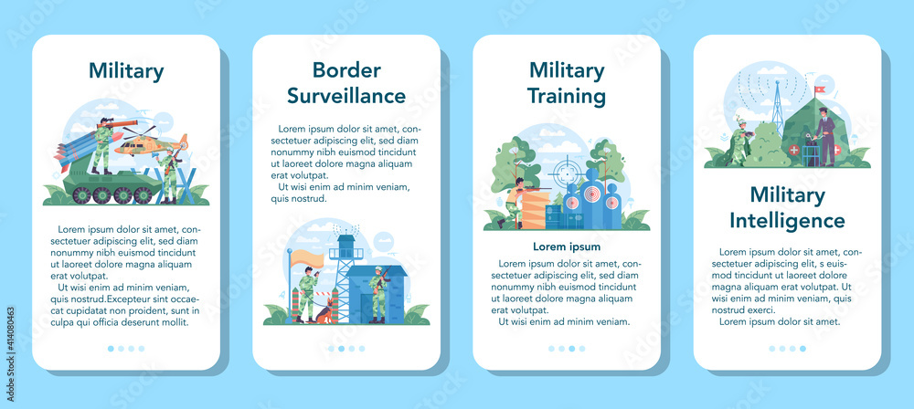 Naklejka premium Soldier mobile application banner set. Millitary force employee