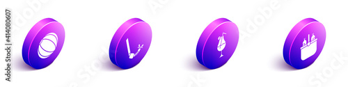 Set Isometric Beach ball, Snorkel, Cocktail and alcohol drink and Cooler bag and water icon. Vector.