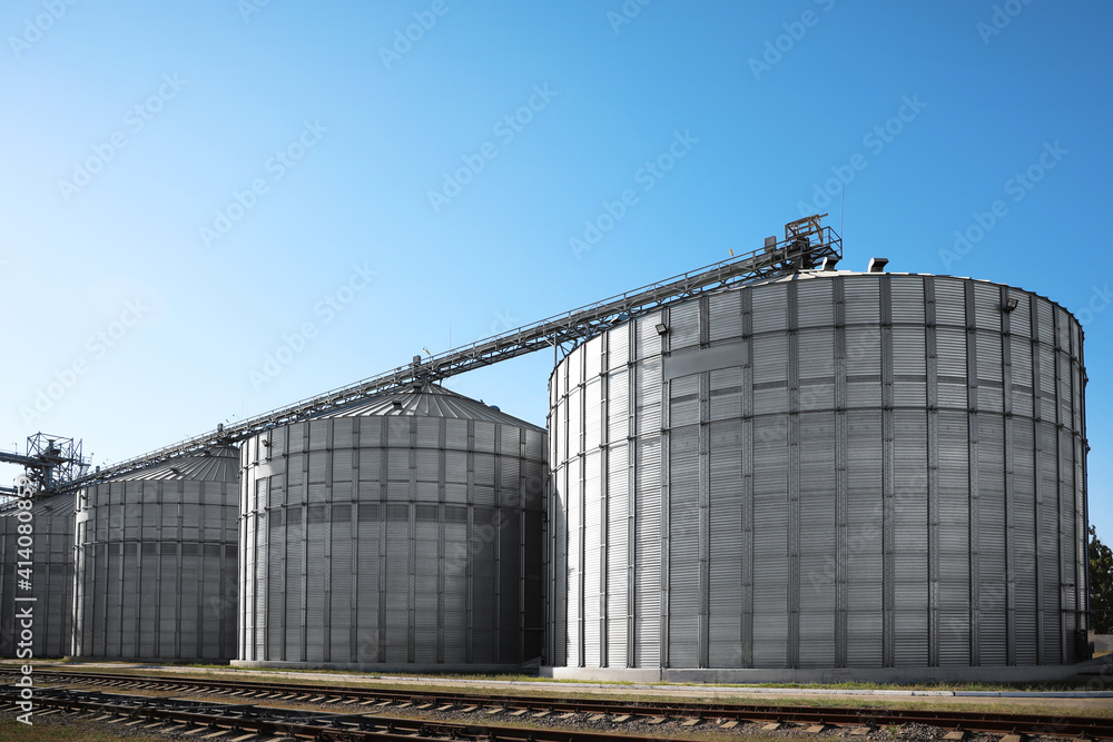 View of modern granaries for storing cereal grains outdoors