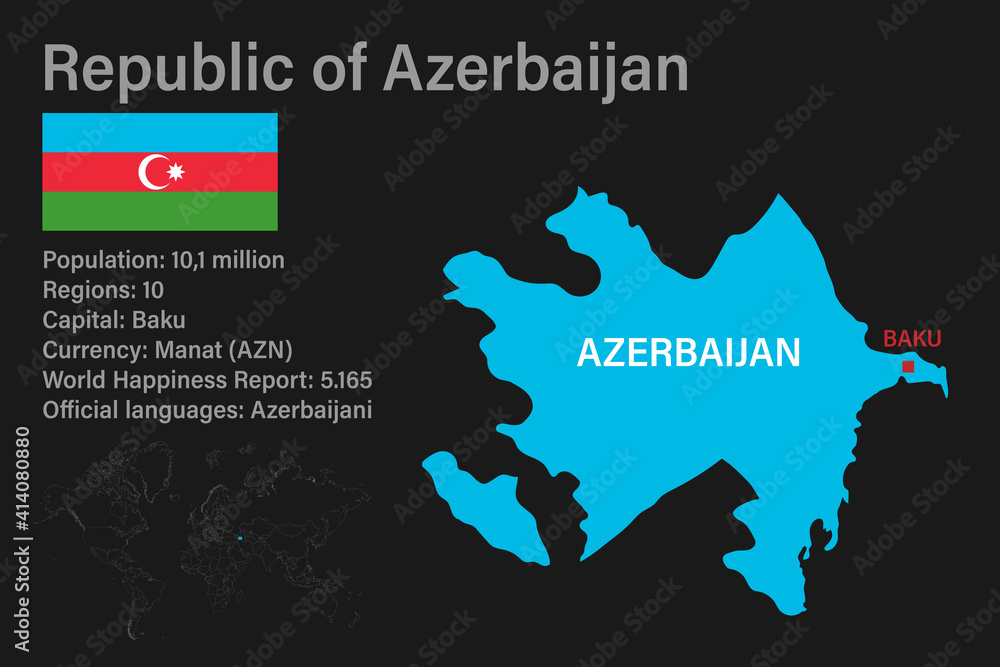 Highly detailed Azerbaijan map with flag, capital and small map of the world