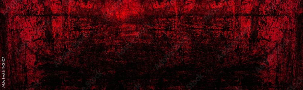 Old scratched bright red paint surface wide texture. Dark scarlet color gloomy grunge abstract widescreen background - obrazy, fototapety, plakaty 