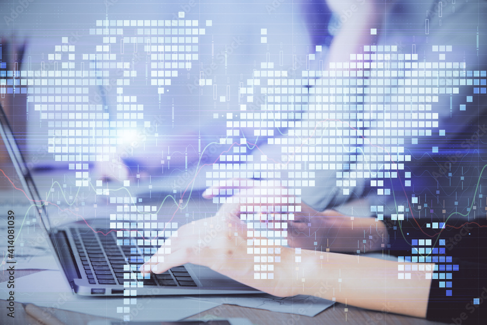 Multi exposure of woman hands typing on computer and business theme hologram drawing. Success concept. Multi exposure of woman hands typing on computer and business theme hologram drawing. Success concept.