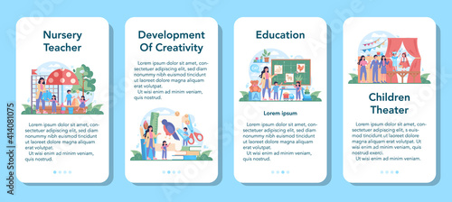 Nursery teacher mobile application banner set. Professional nany and children