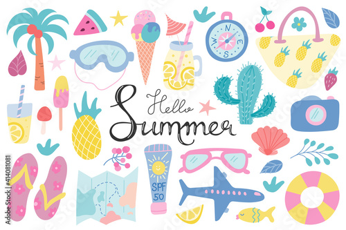 Summer beach set of elements with hand lettering on a white background. Recreation, tourism. Vector images in a flat style