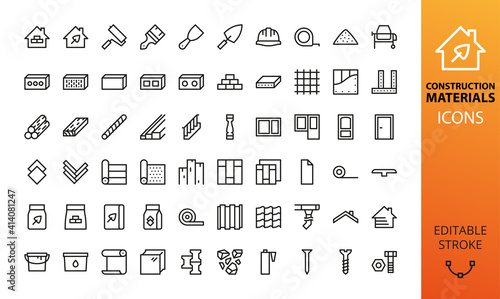 Construction materials isolated icon set. Set of building tools, blocks, floor and roof materials, door, window, cement bag, tile adhesive, house siding, timber, drywall, metal profile vector icons photo