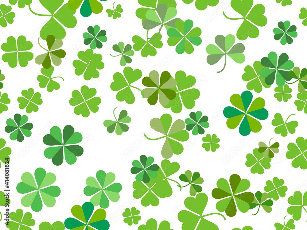 Clover seamless pattern for Saint Patrick's Day. Four-leafed and three-leafed clover. Background for printing on paper, advertising materials and fabric. Vector illustration Clover seamless pattern for Saint Patrick's Day. Four-leafed and three-leafed clover. Background for printing on paper, advertising materials and fabric. Vector illustration