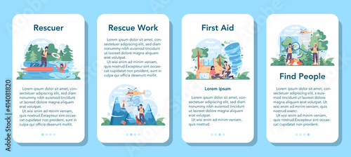 Urgency rescuer mobile application banner set. Ambulance lifeguard