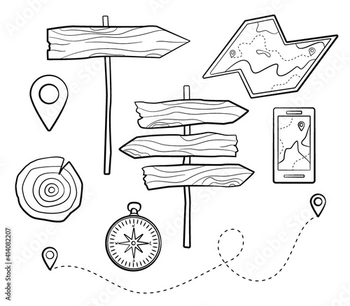 Camping set. Wooden pointers, map and compass in minimalistic doodle style.