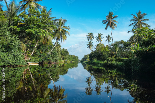 tropical river with palm tree reflections  hamilton canal  negombo lagoon   sri lanka 