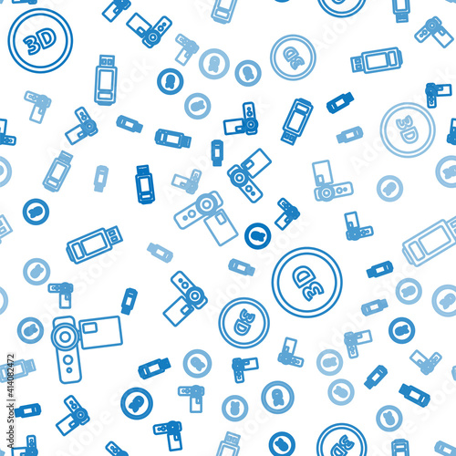 Set line Cinema camera, 3D word and USB flash drive on seamless pattern. Vector.