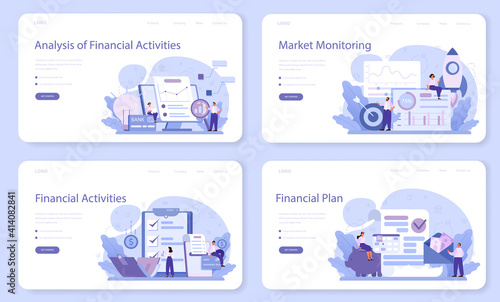 Analysis of financial activities web banner or landing page set.
