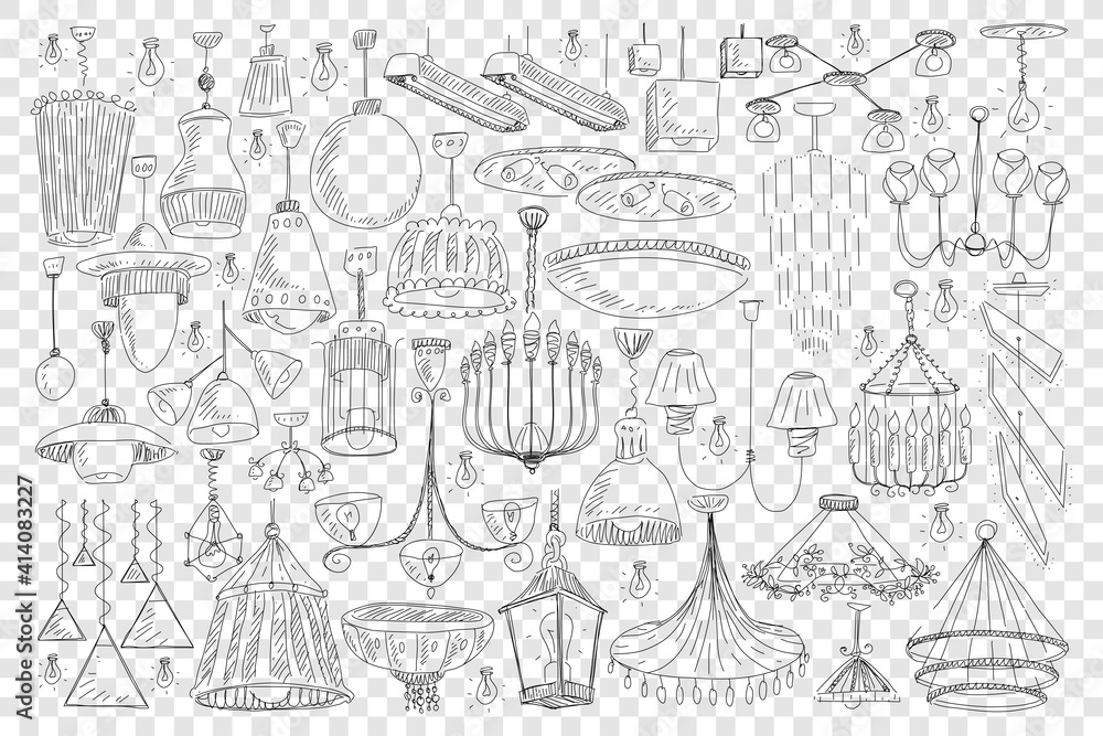 Chandeliers for home decoration doodle set. Collection of hand drawn elegant chandeliers light equipment for decorating home of various sizes and shapes isolated on transparent background
