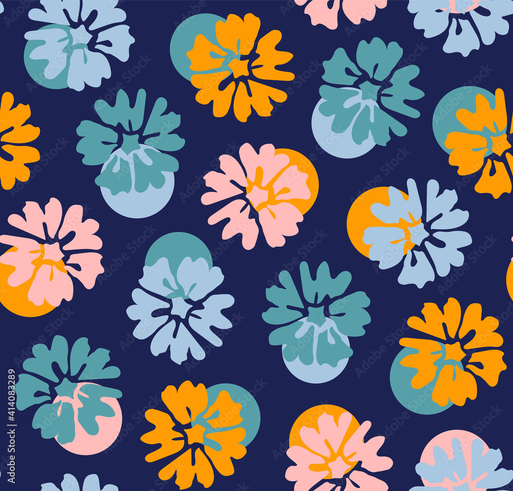 Multicolored mix of vector flowers and dots as cropped seamless pattern with blue background.