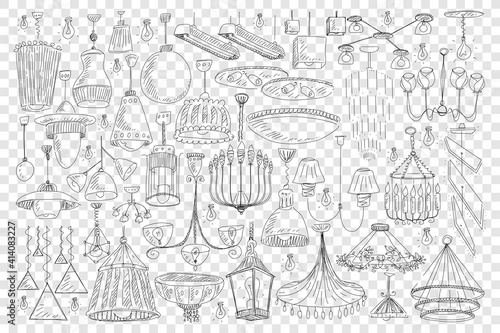 Chandeliers for home decoration doodle set. Collection of hand drawn elegant chandeliers light equipment for decorating home of various sizes and shapes isolated on transparent background