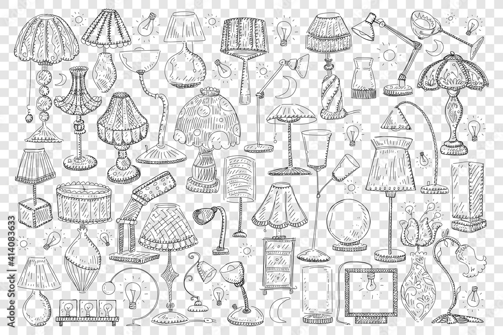 Lamps and shades doodle set. Collection of hand drawn elegant shades and lamps for home decoration of various sizes and shapes isolated on transparent background