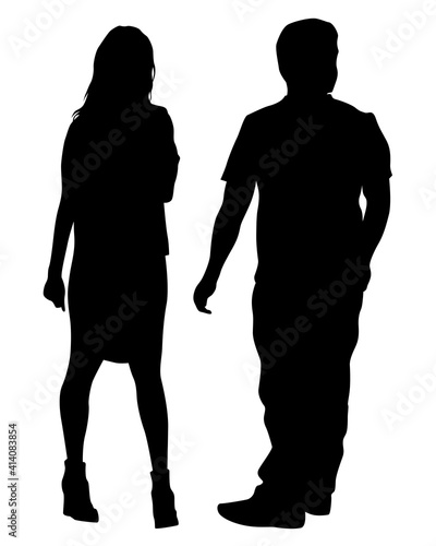 Young man and woman walking at street. Isolated silhouette on a white background