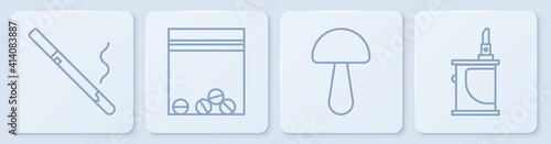 Set line Cigarette, Psilocybin mushroom, Plastic bag of drug and Electronic cigarette. White square button. Vector.
