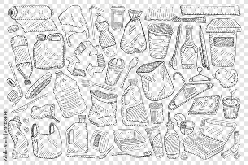 Reusable household and materials for home doodle set. Collection of hand drawn toothbrush hangers sacks baskets canisters tubes and jars for keeping things at home isolated on transparent background