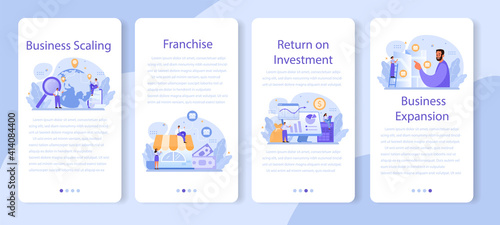 Business scaling mobile application banner set. Franchise business expansion