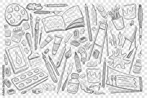 Tools for painting and drawing doodle set. Collection of hand drawn colours brush pencils paper easel gouache eraser jars albums and tools for painters isolated on transparent background