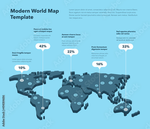 Modern 3d world map infographic template with colorful pointer marks - blue version. Easy to use for your design or presentation.