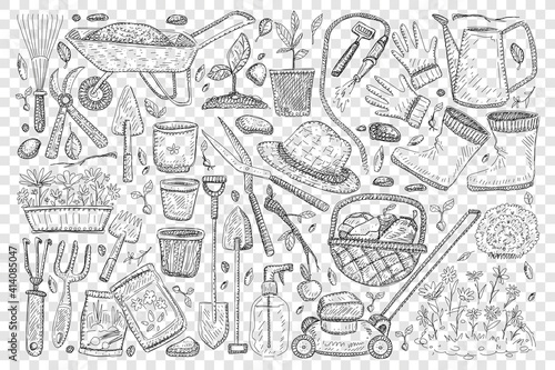 Farmers tools for gardening doodle set. Collection of hand drawn shovel basket hats and boots scissors watering can rake for taking care of plants in garden isolated on transparent background