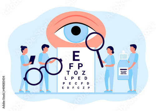 Doctor is checkup eye vision. Examination eyes people, focus correction treatment. Ophthalmology. Optometrist, ophthalmologist, medical staff people with glasses, vision test and eye drops. Vector