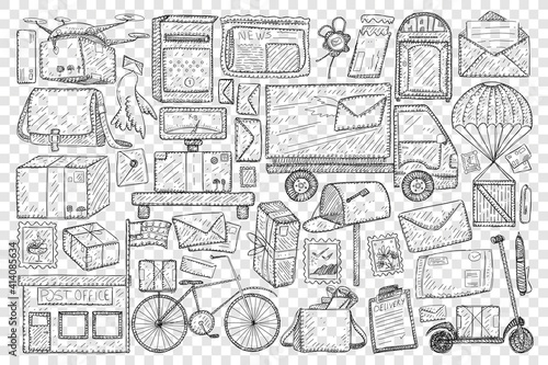 Post office and sending letters doodle set. Collection of hand drawn post office and box truck for delivering post bicycle for postman bag dove with letter scooter isolated on transparent background