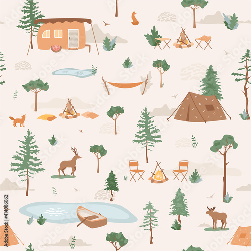 Outdoor weekend, vacation in forest, camping, traveling concept illustration. Vector seamless pattern for tourism design, packaging, textile, wallpaper. Wildlife animals, nature scene.