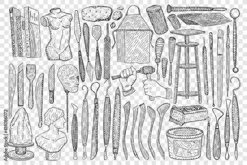 Tools for sculpture doodle set. Collection of hand drawn equipment stone scapula stools and hammers for making handmade sculpture isolated on transparent background photo