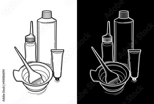 hair cosmetics. hair care in a beauty salon. barber tools. tubes, shampoo, brush.